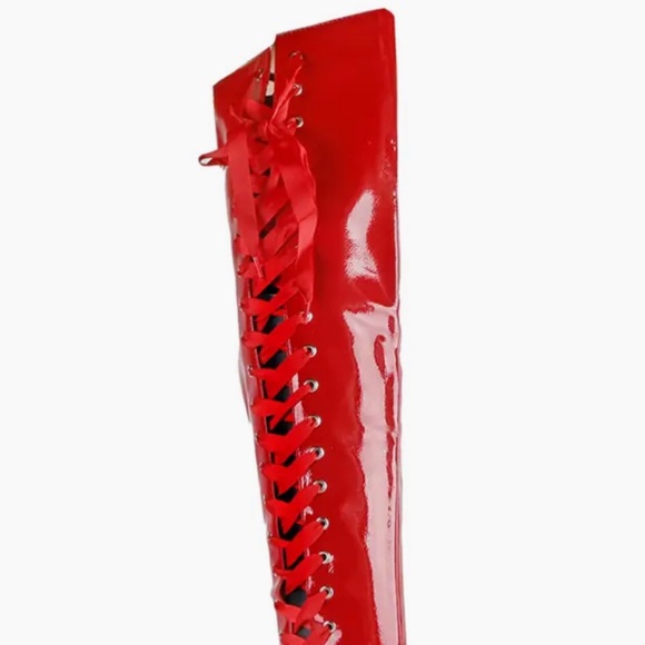Offer! Golden Voltaire Shiny Patent Red Lace-Up Platform Lucite Clear Heel Boots - Picture 3 of 7